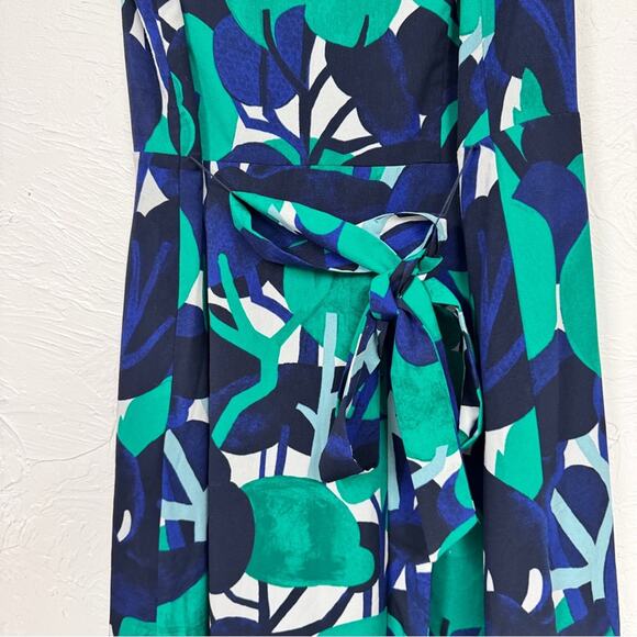 Ann Taylor Green Blue Floral Ruffled A Line Dress Womens 14P Belted Modest - Picture 6 of 9